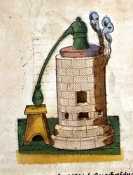 Alkymi: Apparat til destillation. Gravering fra en bog af Pietro Andrea Mattioli (Matthiole) (1500-1577). Frankfurt