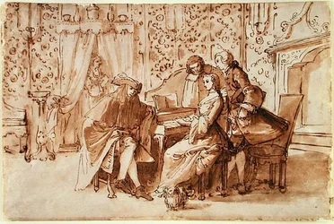 A Music Party (pen og brun vask over sort kridt på papir)