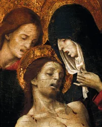 Nedstigning fra korset (Deposizione), detalje af Johannes, Jomfru Maria og Kristus, begyndelsen af det 16. århundrede (tempera på panel)