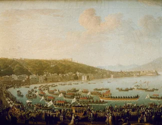 Karl III af Spaniens (Carlos III) (1716-1788) afgang fra Napoli-bugten (Italien). Maleri af Pietro Fabris (1756-1779), olie på lærred
