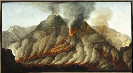 Den udbrudte vesuv. Denne gouache blev udført af Pierre Fabris, efter anmodning fra Sir William Hamilton, engelsk ambassadør i Napoli.Bibl. Braidense, Milano.
