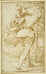 St. Christopher fragter Kristusbarnet (pen og brunt blæk på hvidt papir)