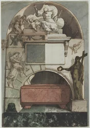 Design til en fresko af en kunstners grav i Certosa i Bologna (recto)