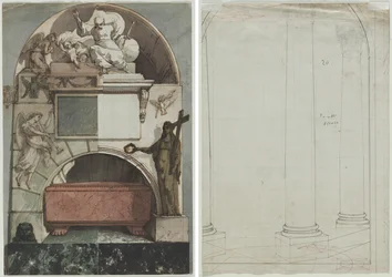 Design til en fresko af en kunstners grav i Certosa i Bologna (recto); Arkitektonisk tegning af søjler (verso)