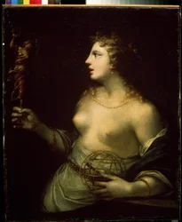 ""Urania"" (Urania) repræsentation af den beskyttende muse for astronomi og astrologi, der holder en hånd på en kugle. Maleri af Pietro Liberi (1614-1687) Mikhail Kroshitsky kunstmuseum fra det 17. århundrede, Sevastopol (Sevastopol) Ukraine