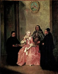 En friar tilbyder et par varm chokolade med venetianske kiks - Maleri af Pietro Longhi (1702-1785) 1774 Dim 61x50 cm Venedig, Ca 