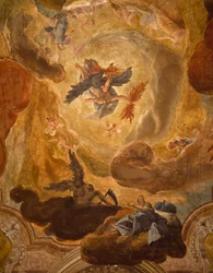 Italien, Venedig, Grand Staircase i Palazzo Sagredo, giganternes fald, fresco af Pietro Longhi