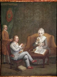Portræt af Adriana Giustinian med sin søn Gerolamo Ascanio, der tager varm chokolade (Adriana Giustinian Barbarigo og hendes søn Gerolamo Ascanio, der tager en kop chokolade) Maleri af Pietro Longhi (1702-1785) 1779 ca. Dim 58x45 cm Venedig, Ca 