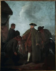 Jagten i dalen: Mesterens ankomst (La caccia in valle: Arrio del padrone) - Maleri af Pietro Longhi (1702-1785), olie på lærred, 62x50 cm
