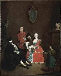 Det maskerede besøg: Figuren Vetu i Bauta-masken fra den venetianske dragt består af den sorte kappe, den sorte trekantede hat og den hvide maske - Besøg i Bauta-maske. Maleri af Pietro Longhi (1702-1785), ca. 1760. Mål 62 x 50 cm. Venedig, Ca