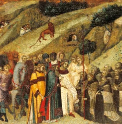 Første karmelitteremitter i foråret af Elias, detalje fra predella af altertavle for Carmine, Pietro Lorenzetti (ca. 1280-1348), tempera og guld på træpanel