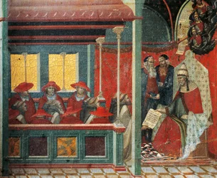 Honorius III godkender karmeliternes regel, detalje fra predella af altertavle for Carmine, af Pietro Lorenzetti (ca. 1280-1348), tempera og guld på træpanel