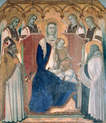 Madonna og barn, hellige og engle af Pietro Lorenzetti (ca. 1280-1348), tempera på træ