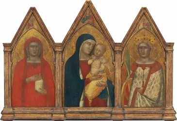 Madonna og barn med Kristi velsignelse, og de hellige Maria Magdalena og Katarina af Alexandria med engle [hele triptykon]