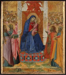 Maria auf dem Thron mit dem Kind, anbetende Engel und Heilige Paulus, Johannes der Evangelist, Johannes der Täufer und Petrus