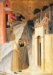 Sankt Johannes beordrer de velsignede til at bygge et kloster i Firenze, flise på altertavlen af den velsignede ydmyghed, af Pietro Lorenzetti (ca. 1280-1348), tempera og guld på træpanel.