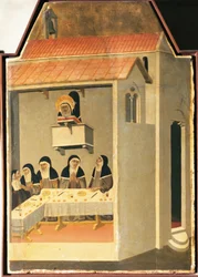 Den velsignede ydmyghed formår på mirakuløst vis at læse i refektoriet i Santa Perpetua, tegl fra altertavlen af den velsignede ydmyghed af Pietro Lorenzetti (ca. 1280-1348), tempera og guld på træ