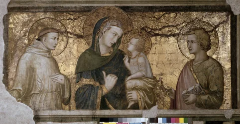 Jomfruen og barnet mellem Sankt Johannes og Sankt Frans, fresko af Pietro Lorenzetti (1280-1348) i Assisi, den nedre basilika, Orsini-kapellet.