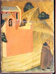 Den velsignede flygter fra klostret og krydser floden Lamone, flise på altertavlen af den velsignede ydmyghed, af Pietro Lorenzetti (ca. 1280-1348), tempera og guld på træpanel.