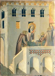 Den velsignede helbreder foden af en munk fra Vallombrosa Abbey, flise fra altertavlen af den velsignede ydmyghed, af Pietro Lorenzetti (ca. 1280-1348), tempera og guld på træpanel.