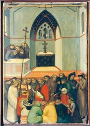 Den velsignedes opgravede krop findes intakt og frisk, tegl på altertavlen af den velsignede ydmyghed af Pietro Lorenzetti (ca. 1280-1348), tempera og guld på træpanel.