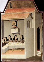 Den analfabetiske helgen læser mirakuløst (polytykon om Saint Ydmyghedens liv) - Detrempe på træ 1300-tallet