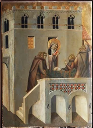 Helgenen kurerer foden af en munk (polytykon om Saint Ydmyghedens liv) - Detrempe på træ 1300-tallet