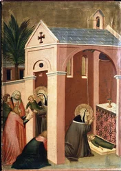 Helgenen genopliver en gentlemans søn (polytykon om Saint Ydmyghedens liv) - Detrempe på træ 1300-tallet