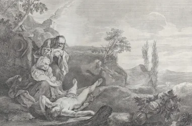 Adam og Eva til venstre, som et ældre ægtepar, sørgende over liget af Abel, der ligger i..., 1743-63.