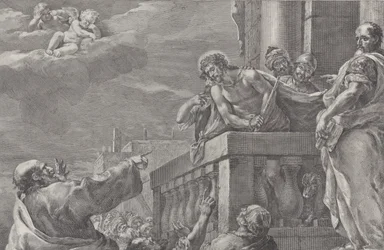 Kristus på en balkon omgivet af vagter, Pilatus står til højre og gestikulerer towa..., ca. 1730-39.