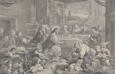 Kristus forvandlede vand til vin ved brylluppet i Kana, 1743-63.