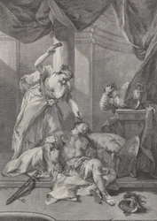 Jael hamrer en teltpløkke ind i den sovende Siseras tempel, til højre a se..., ca. 1730-39.