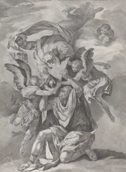 Moses modtager lovens tavler fra Gud, der stiger ned fra himlen, fra..., ca. 1730-39.
