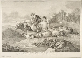 En af Noas sønner, der går for at befolke en del af jorden Uno de figli di Noè c..., 1743-63.