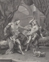 Samson og Delila sad på en seng, Samson river rebene fra hinanden, der binder hans hånd..., ca. 1730-39.