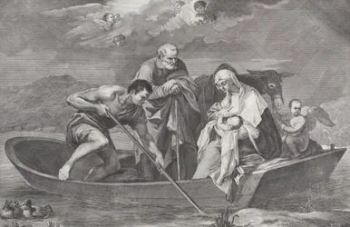 Flugten til Egypten med den hellige familie i en båd, 1730-50.