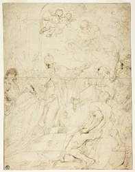 Hellig, der viser sig for hersker (recto); Flyvende Putto (verso)