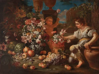 En dreng og en putto blandt blomster og frugter