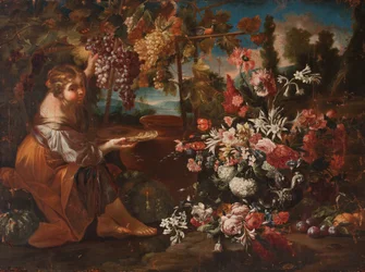 En pige blandt blomster og frugter