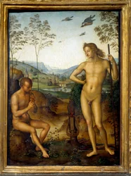 Apollo og Marsyas "" Marsyas spiller på fløjte før Apollo, King of the Lyre, efter udfordring. Maleri af Pietro Vannucci af Perugino (1450-1523) Søn. 0,39x0,29 m
