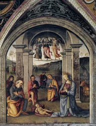 La nativite (Nativity) Fresco af Pietro Vannucci dit il Perugino (Perugin) (1448-1523) 1498 Dim 264x225 cm Perugia Collegio del Cambio