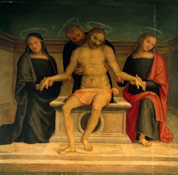 Klagesang over den døde Kristus, af Perugino (ca. 1450-1523), fresco, Basilica of Saint Peter, Perugia, Umbrien. Italien