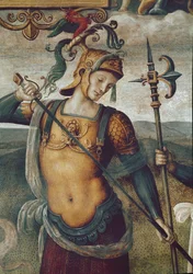 Leonidas I af Sparta (540-480 f.Kr.), konge af Lacedemonierne. Detalje af fresken "" Styrke og temperament med seks gamle helte "" af Pietro Vannucci dit il Perugino (The Perugin