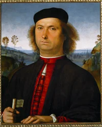 Portræt af Francesco delle Operere. Han holder en rulle med udtrykket "Timete deum"" (Frygt Gud)