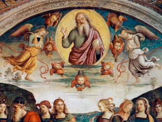 Herren omgiver med profetier og sibyller, der repræsenterer Herren den Almægtige. Fresco af Pietro Vannucci dit il Perugino (Perugin) (1448-1523) 1500 Dim. 229x370 cm Perugia, Collegio del Cambio