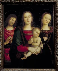 Jomfruen og barnet omgivet af Johannes Døberen og Saint Catherine Maleri af Pietro Vannucci dit il Perugino (Le Perugin