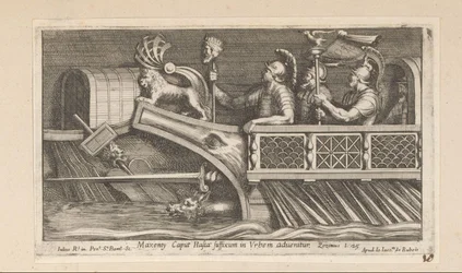 Soldater i en båd Maxenty Caput Hasta suffiks i Urbe in advenitur (titel på objekt) Kejser Konstantins historie (serietitel)