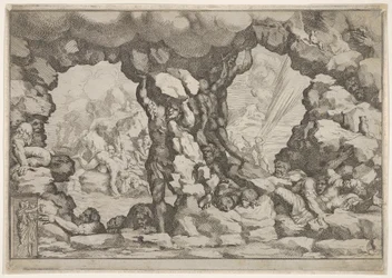 En kæmpe hæver en kampesten i midten, andre kæmper til venstre og højre kæmper og rec..., ca. 1680.