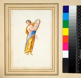 Draperet figur, der slår en tromme (sort kridt, nogle med pen og brunt blæk. farvet med akvarel)