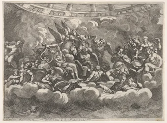 Indsamling af forskellige olympiske guder og mytologiske figurer blandt skyer, Apollo at ce..., ca. 1680.